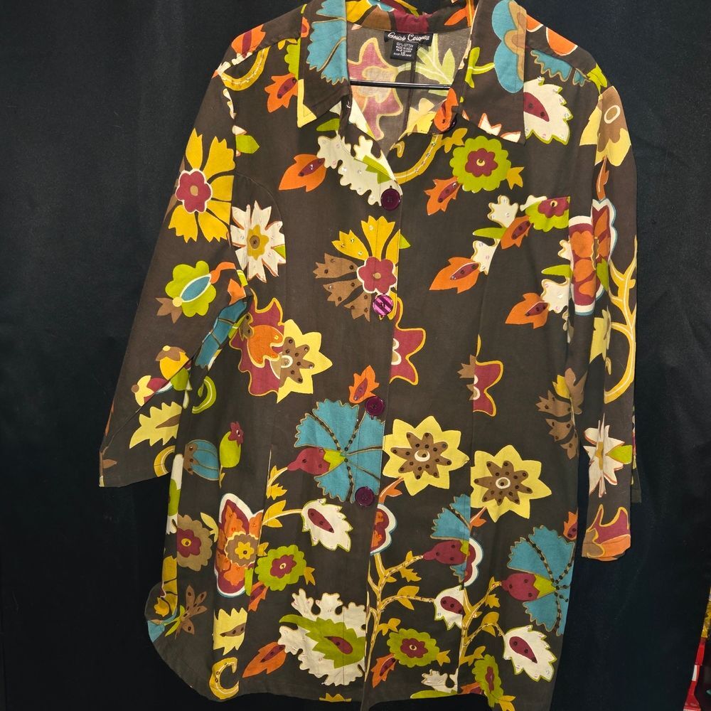 Candy Couture Floral Sequin Tunic Jacket 1X Plus Size Dark Cotton Art To Wear